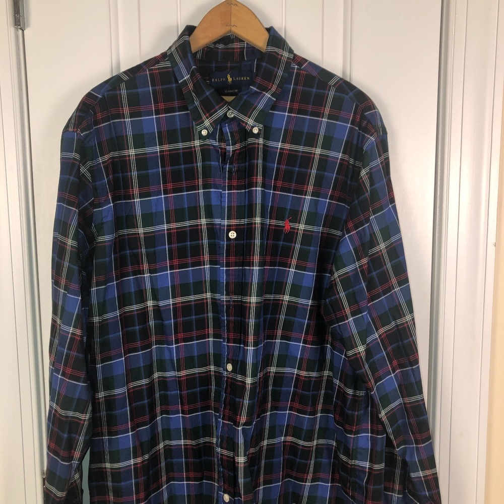 Ralph Lauren Mens Button Down Shirt XXL Blue Plaid Cotton Quiet Luxury Old Money
